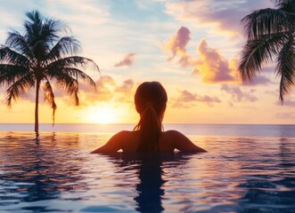 Serene woman watches sunset from infinity pool