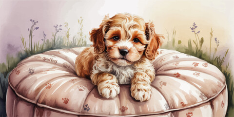 Cute Puppy Illustration on Soft Pet Bed in Garden, Adorable Fluffy Dog Portrait, Watercolor Style, Pastel Background, Digital Art