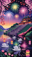 Elegant Asian Palace Illustration With Swans, Lanterns, Cherry Blossoms, and Fireworks Over Tranquil Lake at Sunset