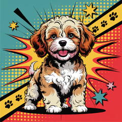 Cute Cartoon Puppy in Colorful Pop Art Comic Style – Playful Dog Illustration with Vibrant Retro Background and Paw Prints
