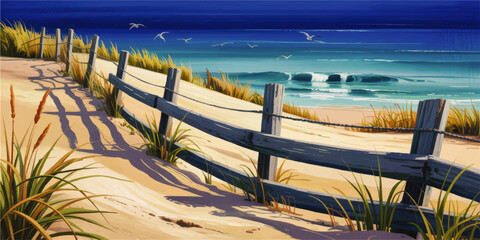 Serene beach pathway with rustic wooden fence, sand dunes, seagrass, and ocean waves under blue sky with seagulls – coastal landscape illustration