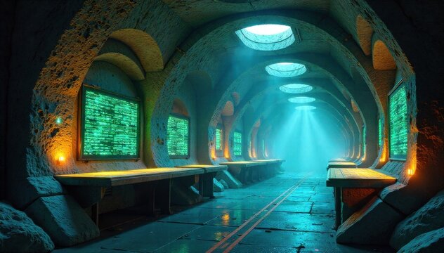 Bioluminescent organic server farm with glowing data conduits in a subterranean chamber. An expansive subterranean chamber housing a futuristic organic server farm. Bioluminescent elements within the