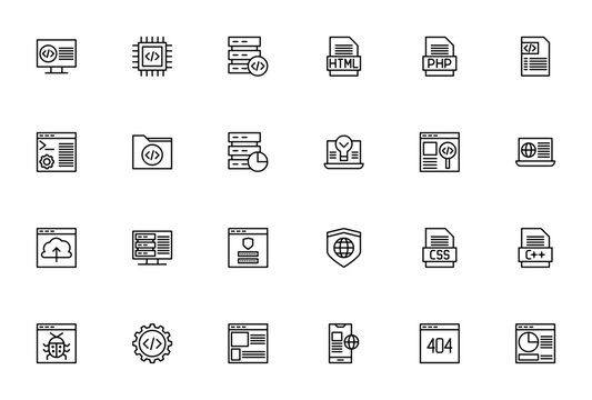 Programming And Development icon set. Vector illustrtion. Includes symbols forcode, database, web develoment, server, security, bu, mobile and more. Editabl stroke.