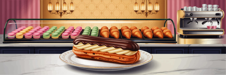 Delicious Chocolate Eclair on Plate in Elegant French Bakery with Colorful Macarons, Croissants, Coffee Machine, and Warm Lighting