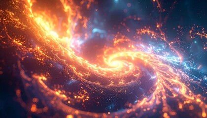 Vibrant cosmic spiral nebula with orange and blue hues, swirling in a dynamic space scene.