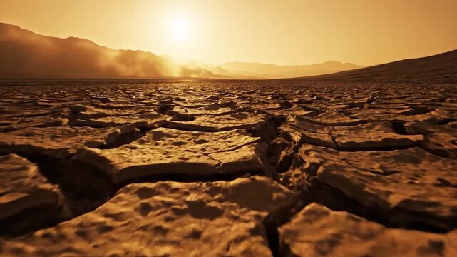 Arid cracked earth landscape at sunset global warming desertification concept