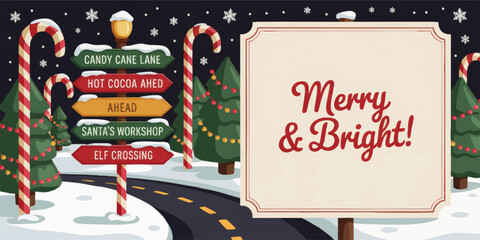 Festive Christmas Road Sign, Merry & Bright Message, Candy Cane Lane Illustration With Snow, Trees, Holiday Lights, And Winter Night Sky