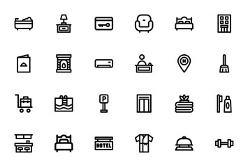 Hotel icon set. Vector illustration featuring Bathtu, Bed, Swimming Pool, Gymnsium, Receptionist, and moe hospitality symbols. Minmalist linear style.