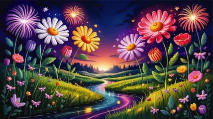 Vibrant Fantasy Meadow With Wildflowers, Fireworks, and Glowing River at Sunset – Whimsical Nature Landscape Illustration