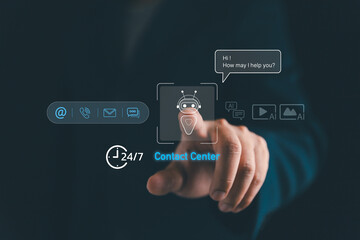 Futuristic AI chatbot concept with a human hand touching digital contact center icons, 24 hours a day and 7 days a week customer support, artificial intelligence technology and communication service