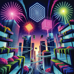 Futuristic Cityscape with Neon Fireworks, Flying Cars, Green Rooftop Gardens, and Vibrant Urban Nightlife Illustration