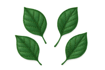 Fototapeta premium Green fabric leaves with embroidered veins in a natural textile craft style on transparent background