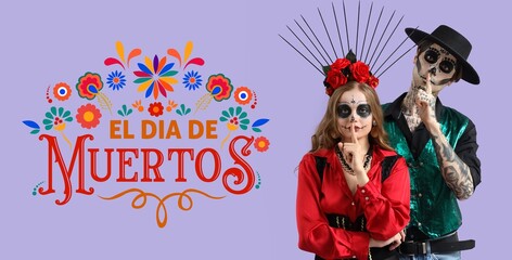 Young couple with painted skulls on faces against lilac background. Banner for Mexico's Day of the Dead (El Dia de Muertos)