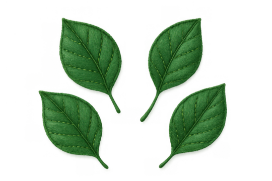 Green fabric leaves with embroidered veins in a natural textile craft style on transparent background