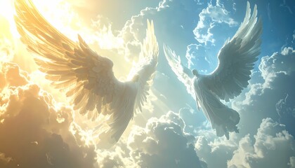 Two sets of ethereal wings one golden and one blue emerge from heavenly clouds symbolizing divine presence and spiritual concepts.