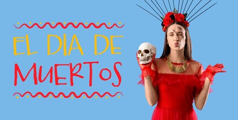 Young woman with human skull on blue background. Banner for Mexico's Day of the Dead (El Dia de Muertos)