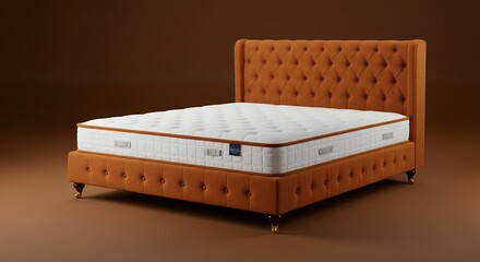Naklejka premium Elegant orange tufted bed frame with a white mattress, showcasing comfort and stylish bedroom furniture.