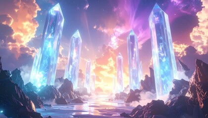 Obraz premium Enchanting Crystal Valley with Luminous Sky and Mystical Glow.