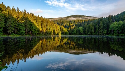Serene Forest Lake Reflecting Lush Green Trees and Distant Misty Mountains Under a Soft Blue Sky with Golden Hour Sunlight