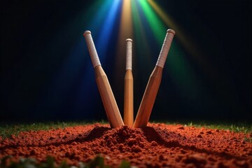 Cricket stumps and bails under dramatic lighting, signifying a crucial moment, sharp shadows A dramatic, low angle shot of three wooden cricket stumps with white bails resting precariously on top.