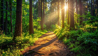 Naklejka premium Sunbeams Illuminate Forest Path Lush Greenery Sunlight Dappling Through Trees In Verdant Woodland At Sunrise
