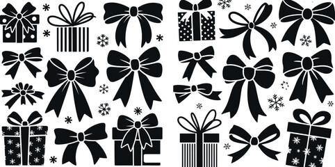 Gift box icons with ribbons, black silhouette present boxes, festive packaging symbols, celebration surprise design, birthday Christmas gift elements, vector holiday illustration collection 