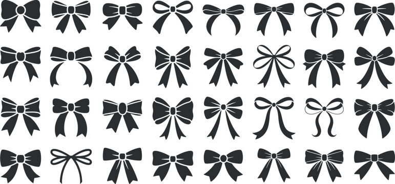 Elegant black bow ribbon glyph icons set &ndash; packaging, invitation, gift wrap, wedding and holiday decoration vector