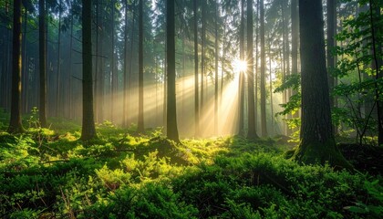 Obraz premium Sunbeams Pierce Through Lush Green Forest Canopy Illuminating Mossy Forest Floor In Morning Light