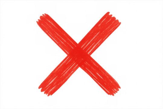 Red marker x mark indicating rejection, incorrect status, cancellation, or error on a transparent background