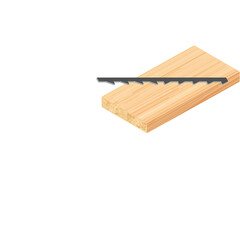 A Grey Saw Blade With Teeth Rests On A Light Brown Wooden Plank In An Isometric Perspective Against A White Background