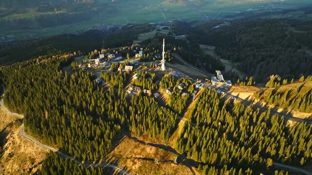 Aerial view of the mountain station with the transmission tower at Hauser Kaibling in Austria.