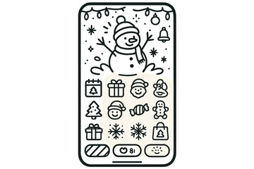 Whimsical Holiday Mobile UI outline icon set: animated snowman splash, twinkling light borders, cheerful icons, handwritten fonts, candy stripe buttons, gift animation, cozy banner