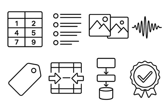 Machine Learning Training Data outline icon set: numeric table, text token list, image sample set, audio waveform dataset, label tag icon, training-validation split, data pipeline
