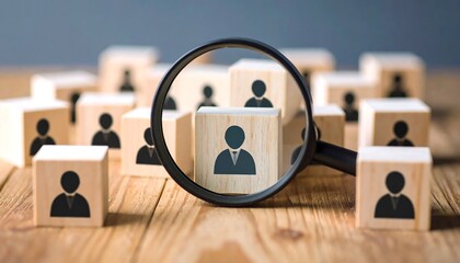 Hiring with recruiting, and and talent search concept Find the perfect employee with a magnifier.