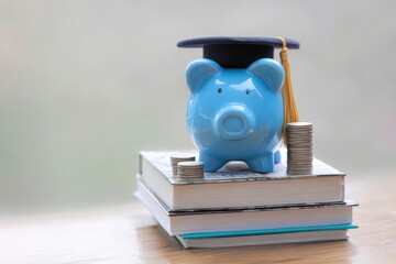 Blue piggy bank wearing a graduation cap, sitting on a stack of books with coin stacks, representing education savings