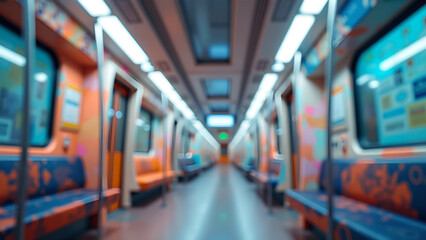 Abstract depiction of an empty subway train with vibrant patterns and blur effect on the interior
