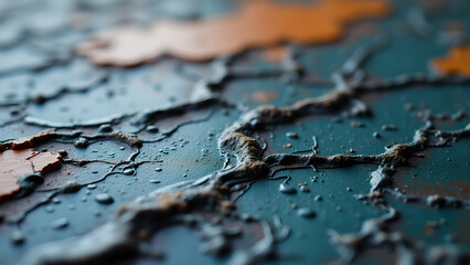 Abstract cracked surface with contrasting textures, blue background, and brown-orange elements