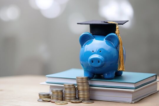 Piggy bank wearing a graduation cap on books with stacking coins, representing saving money for education and college