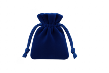 Blue velvet drawstring pouch holding small gifts