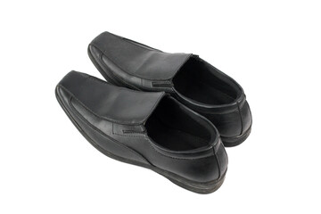 two elegant black leather business slip-on shoes placed on a clean white background, showcasing their design and style suitable for formal occasions.