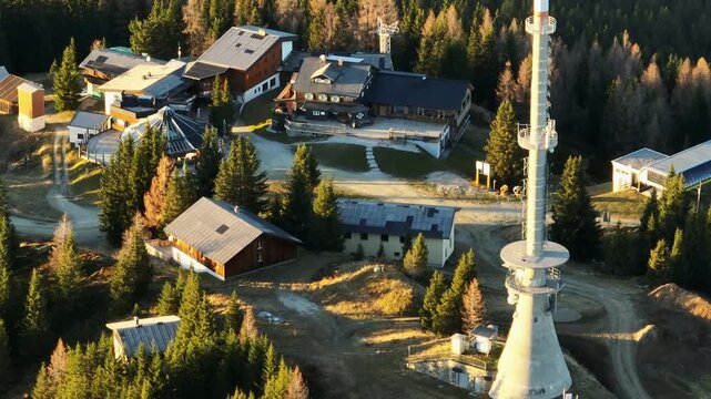 Aerial view of the mountain station with the transmission tower at Hauser Kaibling in Austria.