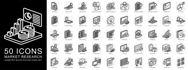 Market Research isometric black outline icons set. contain analysis, evaluation, statistic, growth graph, industry and more. Vector for modern concept, print, UI, UX kit, web and app development.