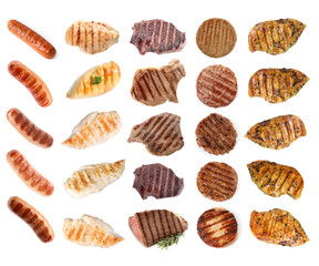 Grilled meat and sausages isolated on white, set