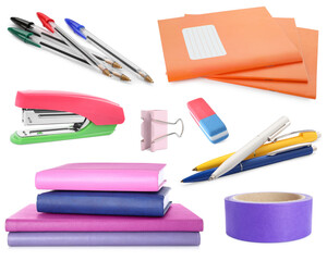 Pens and other stationery isolated on white, set