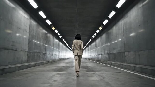 Business woman walking in illuminated tunnel