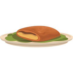 Pixelated Golden Brown Pastry Filled With Creamy Custard Sitting On A Bed Of Green Leaves On A Ceramic Plate