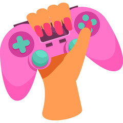 A Hand Holds A Pink Video Game Controller With Teal Buttons And Four Fingers With Pink Nail Polish Against A White Background