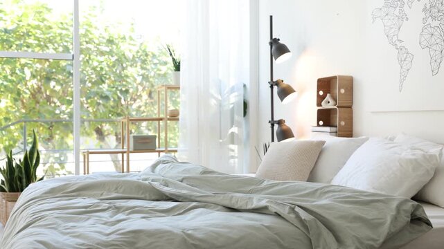 Cozy large bed with linens, houseplants and lamp near window in bedroom, camera moving around
