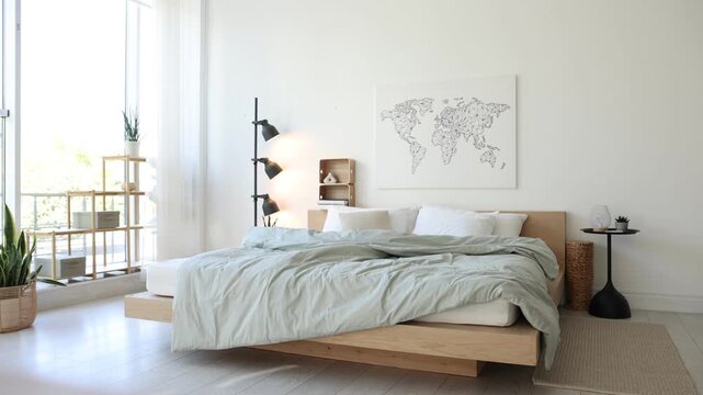 Cozy large bed with linens, side table and lamp near white wall in bedroom, camera zooming out