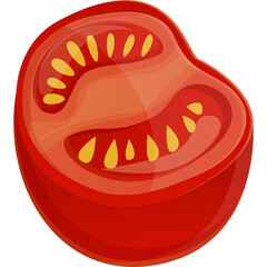 A Juicy Red Tomato Cut in Half Revealing Yellow Seeds and Red Flesh Isolated on a Transparent Background